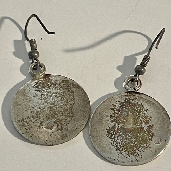 Vintage Sterling Silver & Opal Inlay Aztec Sun Calendar Earrings Made in Mexico - Picture 9 of 11
